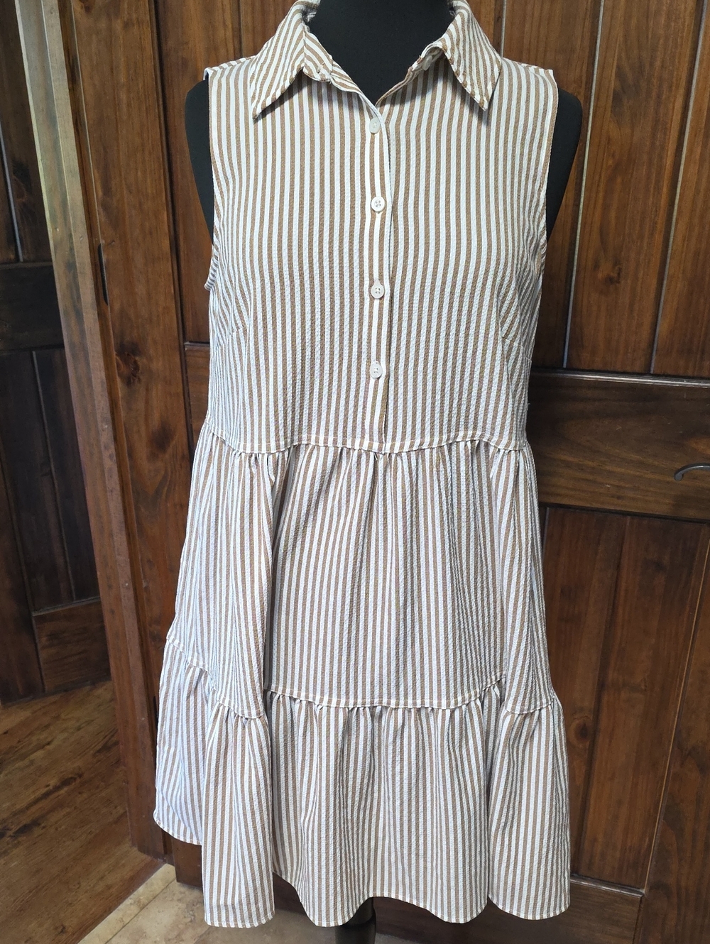 Tommy Hilfiger Sleeveless Tiered Stripe Dress in Brown and White - Size 10